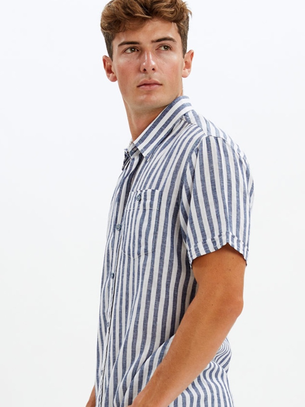 JOES Jeans linen blend striped short sleeve button down shirt XL blue white
